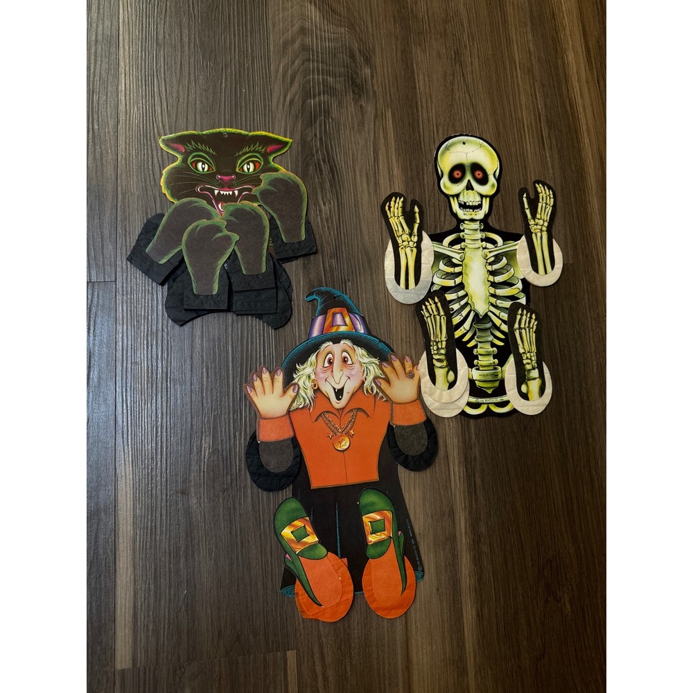 Beistle Halloween Action Dancers Vintage 1984 Decor Set Skeleton Witch Cat Ghost